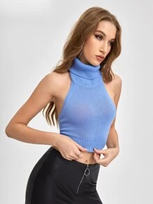 Cayetano Top tejido crop cuello alto de espalda abierta - Azul - Ver 3