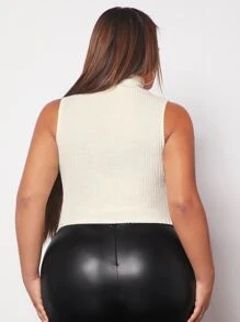 SHEIN SXY Plus Turtleneck Rib Knit Tank Top - Beige - View 2