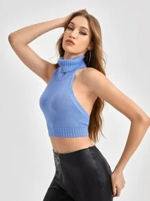 Cayetano Top tejido crop cuello alto de espalda abierta - Azul - Ver 4