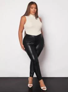 SHEIN SXY Plus Turtleneck Rib Knit Tank Top - Beige - View 5