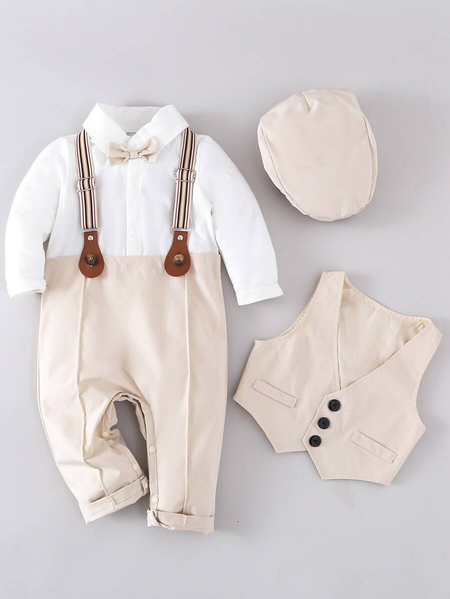 Baby Boy Colourblock Bow Front 2 In 1 Jumpsuit & Waistcoat & Hat - Multicolor - View 1