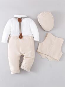 Baby Boy Colourblock Bow Front 2 In 1 Jumpsuit & Waistcoat & Hat - Multicolor - View 2