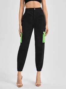 Felicity Colourblock Flap Pocket Cargo Trousers - Black - View 3
