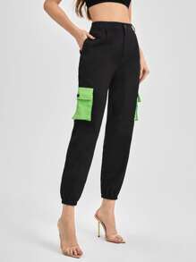 Felicity Colourblock Flap Pocket Cargo Trousers - Black - View 4