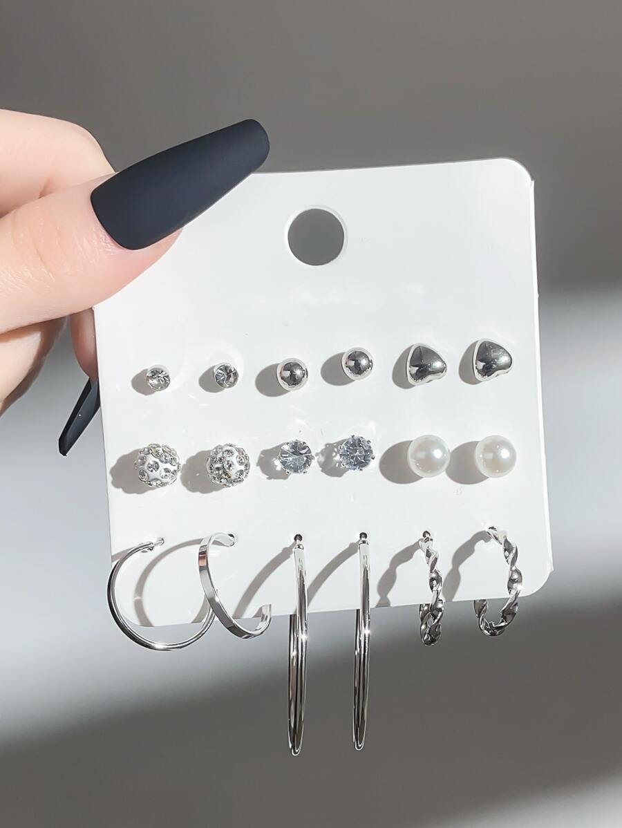 9pcs/Set Silver Faux Pearl & Rhinestone Heart Hoop Earrings
