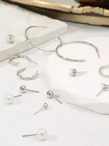 9pcs/Set Silver Faux Pearl & Rhinestone Heart Hoop Earrings
