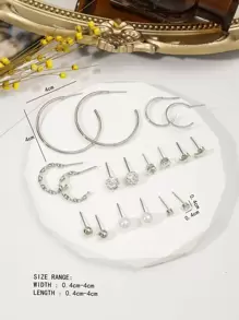 9pcs/Set Silver Faux Pearl & Rhinestone Heart Hoop Earrings