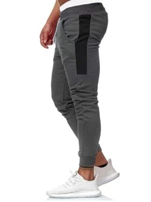 SHEIN Fitness 男士拼接面腰部抽繩運動褲 - 深灰色 - 查看 1