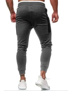 SHEIN Fitness 男士拼接面腰部抽繩運動褲 - 深灰色 - 查看 2