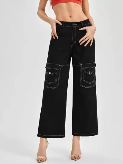 My0812retro Streetwear Designer Women Flap Pocket Top-Stitching Wide Leg Pants, For Summer, Holiday, Going Out, Festival