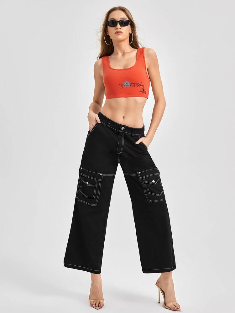 Designer Women Flap Pocket Top-Stitching Wide Leg Pants, For Summer, Holiday, Going Out, Festival