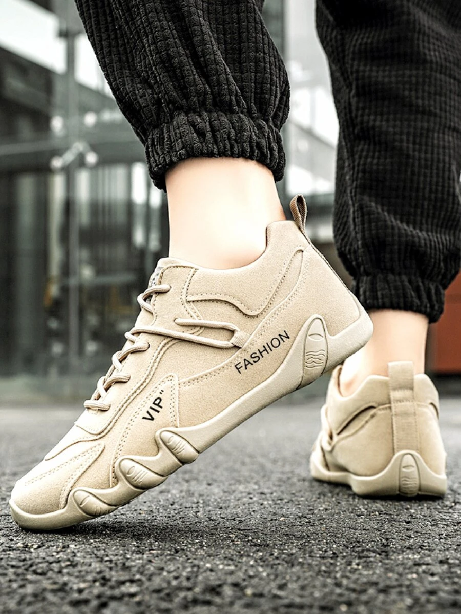 Men Letter Patch Decor Lace-up Front Handmade Shoes - Khaki - View 1