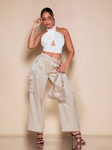 SHEIN BAE Solid Backless Halter Crop Top - White - View 3