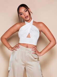 SHEIN BAE Solid Backless Halter Crop Top - White - View 4