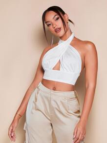 SHEIN BAE Solid Backless Halter Crop Top - White - View 5