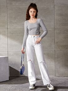 Bé Gái Quần Jeans Nút Túi Bị tách màu trơn - trắng - Xem 1