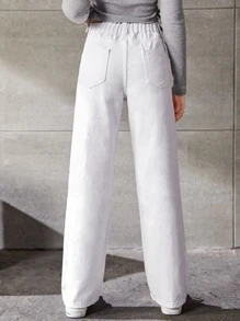 Bé Gái Quần Jeans Nút Túi Bị tách màu trơn - trắng - Xem 2