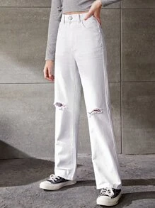 Bé Gái Quần Jeans Nút Túi Bị tách màu trơn - trắng - Xem 4