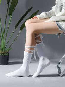 Tie Leg Design Over The Calf Socks - White - View 2