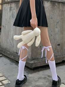 Tie Leg Design Over The Calf Socks - White - View 4
