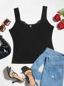 SHEIN Frenchy Áo hai dây Plus Size Tương phản ren Gân đan màu trơn Thanh lịch - màu đen - Xem 7