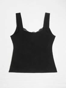 SHEIN Frenchy Áo hai dây Plus Size Tương phản ren Gân đan màu trơn Thanh lịch - màu đen - Xem 8