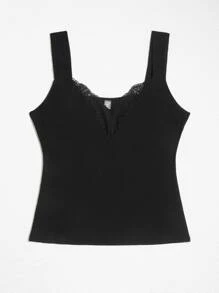 SHEIN Frenchy Áo hai dây Plus Size Tương phản ren Gân đan màu trơn Thanh lịch - màu đen - Xem 9