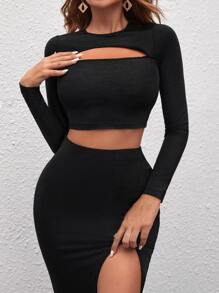 SHEIN SXY Solid Cutout Crop Top & Split Thigh Bodycon Skirt Set - Black - View 5