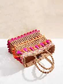 SHEIN VCAY Straw Handbag, Teenagers Plain Color Fringe Flap Simple & Fashionable Design - Khaki - View 5