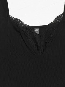 SHEIN Frenchy Áo hai dây Plus Size Tương phản ren Gân đan màu trơn Thanh lịch - màu đen - Xem 11