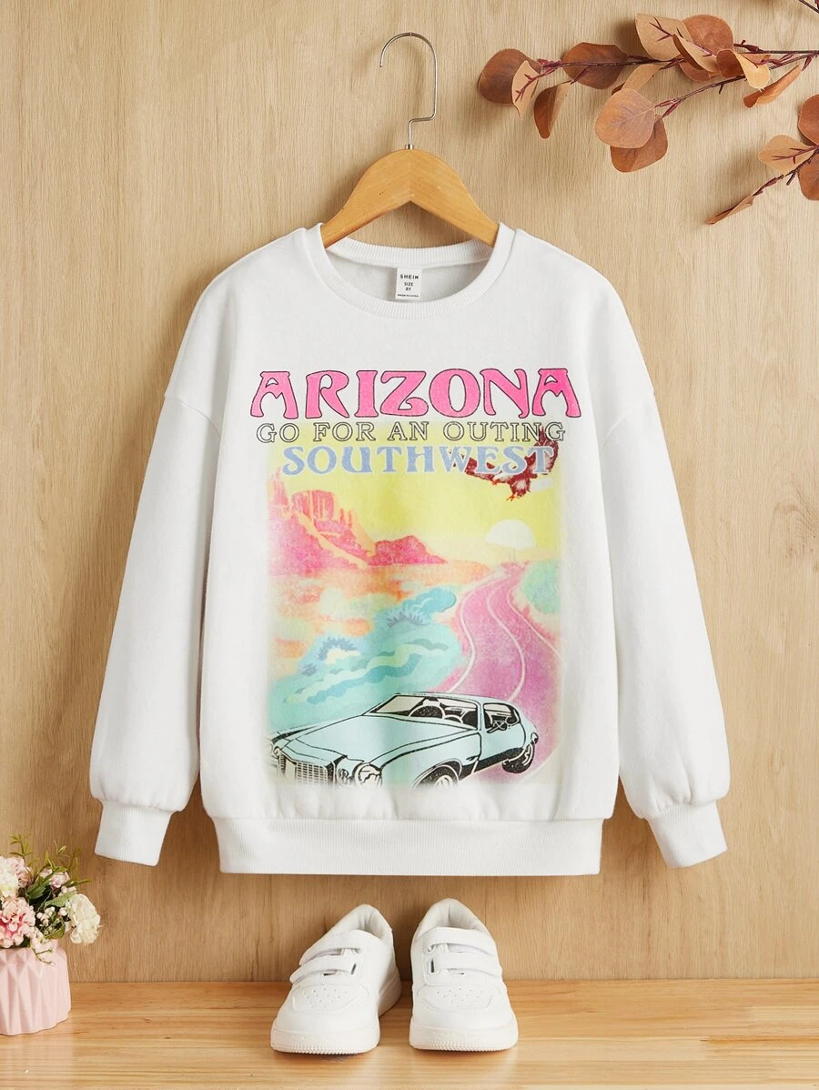 SHEIN 女孩汽車和字母圖案落肩袖套頭衫 - 白色 - 查看 1