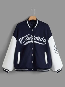 SHEIN EZwear Plus Letter Graphic Colourblock Drop Shoulder Varsity Jacket - Blue and White - View 1