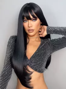 1顶女士黑色长直假发，自然黑色刘海合成假发，优雅美丽，外观自然，耐热合成发丝，适合日常佩戴和派对场合