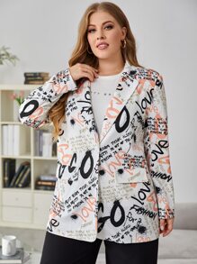 SHEIN LUNE Plus Lapel Neck Slogan Graphic Single Button Blazer - Multicolor - View 4