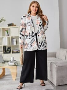 SHEIN LUNE Plus Lapel Neck Slogan Graphic Single Button Blazer - Multicolor - View 5