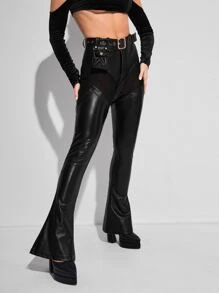 GAUTII Mesh Insert PU Leather Flare Leg Trousers With Belt - Black - View 1