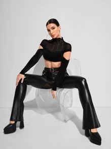 GAUTII Mesh Insert PU Leather Flare Leg Trousers With Belt - Black - View 3