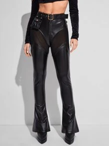GAUTII Mesh Insert PU Leather Flare Leg Trousers With Belt - Black - View 6