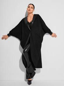GAUTII Batwing Sleeve Open Front Hooded Coat - Black - View 1