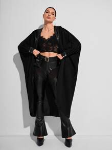 GAUTII Batwing Sleeve Open Front Hooded Coat - Black - View 3