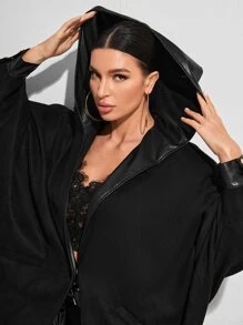 GAUTII Batwing Sleeve Open Front Hooded Coat - Black - View 5