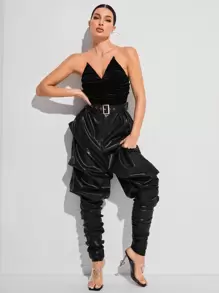 GAUTII Ruched Front PU Leather Stacked Tube Jumpsuit With Belt - Black - View 1