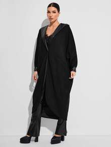 GAUTII Batwing Sleeve Open Front Hooded Coat - Black - View 7