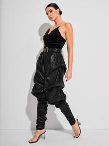 GAUTII Ruched Front PU Leather Stacked Tube Jumpsuit With Belt - Black - View 3