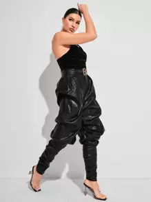 GAUTII Ruched Front PU Leather Stacked Tube Jumpsuit With Belt - Black - View 4