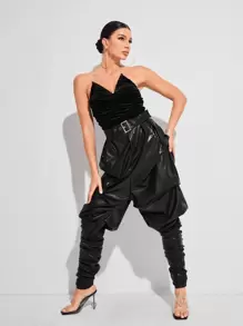 GAUTII Ruched Front PU Leather Stacked Tube Jumpsuit With Belt - Black - View 6