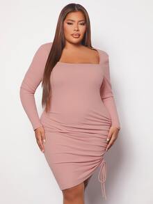 SHEIN SXY Plus Square Neck Drawstring Side Bodycon Dress - Dusty Pink - View 4
