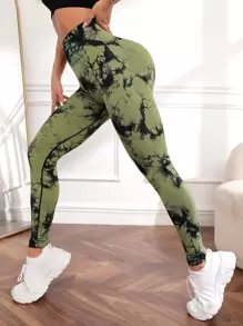 Easithlete 收復無縫透氣柔軟紮染運動打底褲 - 橄欖綠 - 查看 1