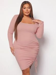 SHEIN SXY Plus Square Neck Drawstring Side Bodycon Dress - Dusty Pink - View 1