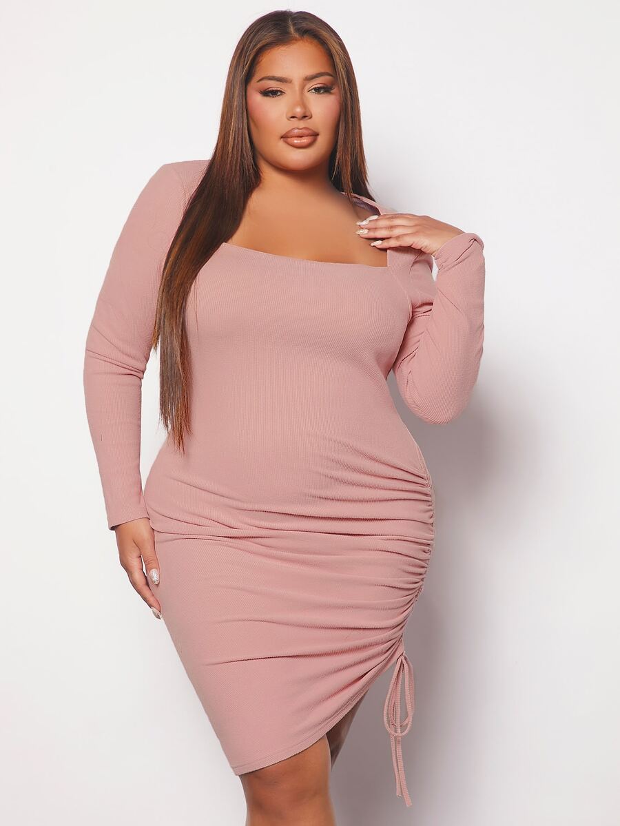 SHEIN SXY Plus Square Neck Drawstring Side Bodycon Dress - Dusty Pink - View 1